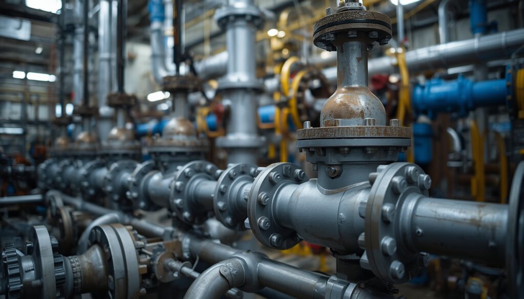 Válvulas industriais instaladas nos sistemas de resfriamento e vapor de uma usina nuclear para garantir uma operação segura e confiável.
