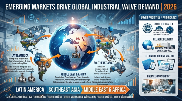 Industrial valves supporting infrastructure growth in emerging markets during the 2026 global valve market outlook.