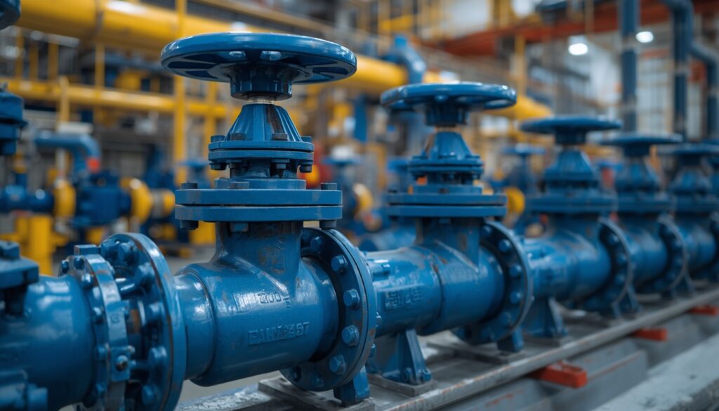 Válvulas industriais utilizadas nos setores de petróleo e gás, tratamento de água, processamento químico e geração de energia.