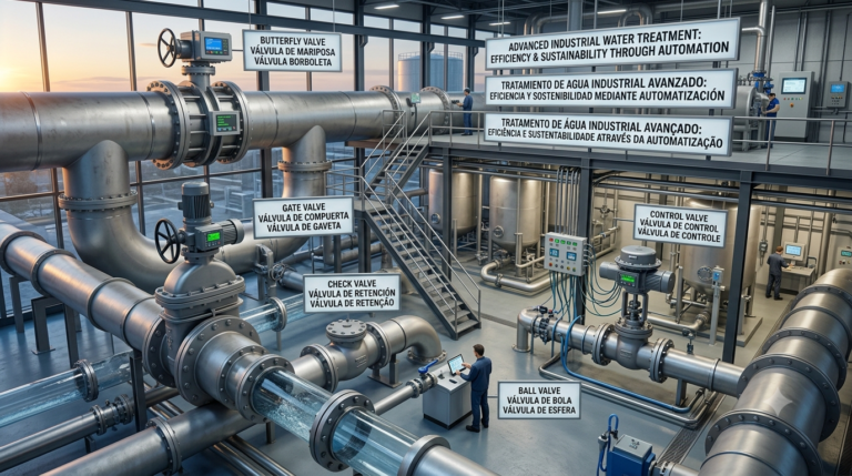 Industrial valve applications in water treatment systems featuring butterfly valves, gate valves, check valves, ball valves, and automated flow control equipment