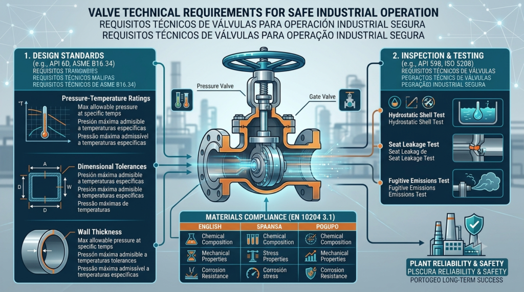 Industrial valve technical requirements including API standards, pressure testing, material traceability, inspection, and quality compliance