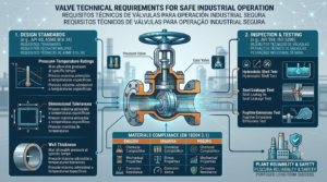 Industrial valve technical requirements including API standards, pressure testing, material traceability, inspection, and quality compliance