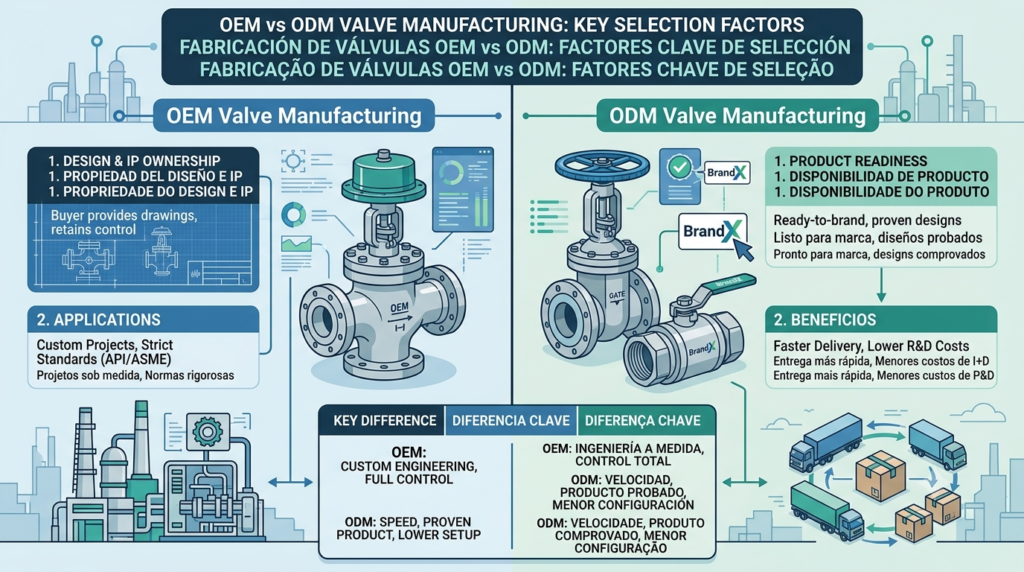 OEM vs ODM valve manufacturing comparison illustrating how AI helps industrial buyers evaluate suppliers, certifications, customization options, and sourcing strategies.