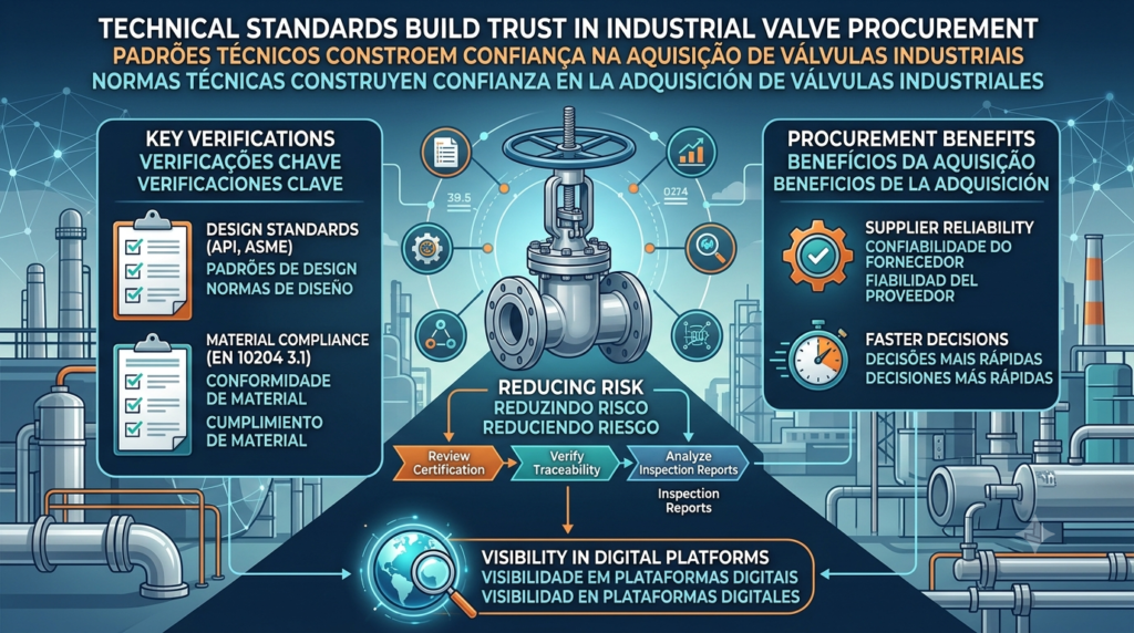 Industrial valve technical standards including API, ASME, ISO certification, EN 10204 3.1 material test reports, pressure testing, and material traceability.