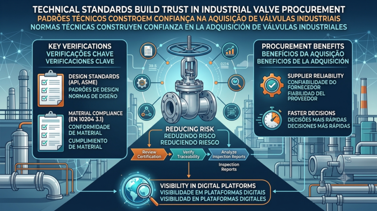 Industrial valve technical standards including API, ASME, ISO certification, EN 10204 3.1 material test reports, pressure testing, and material traceability.